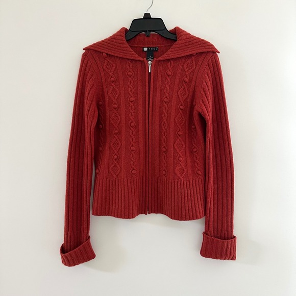 Vintage y2k 90s Red Zip Up Cable Knit Sweater Medium Wool Grunge Goth Vamp - Picture 2 of 8